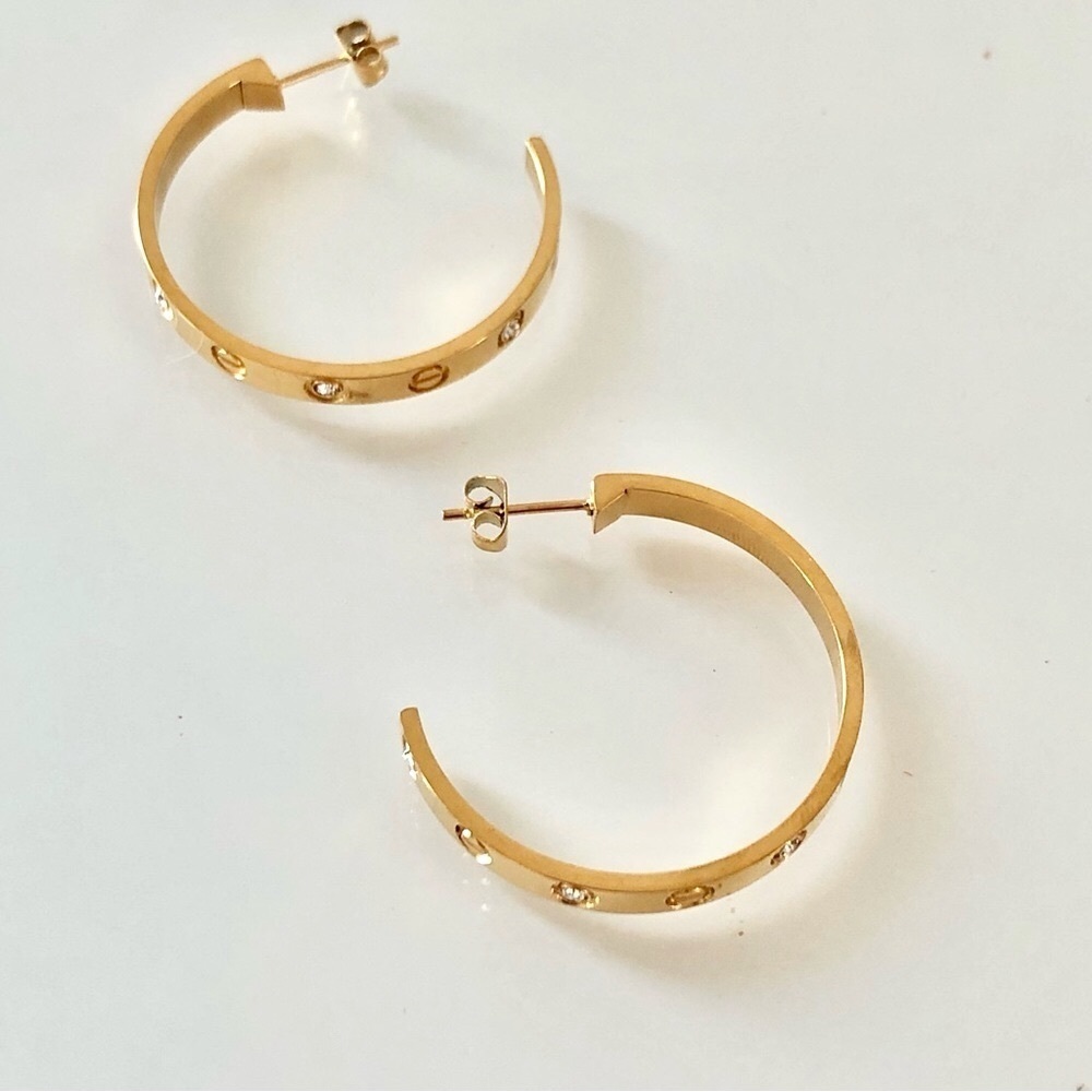 Gold Screw Earrings Zirconia Hoops - Picture 7 of 17